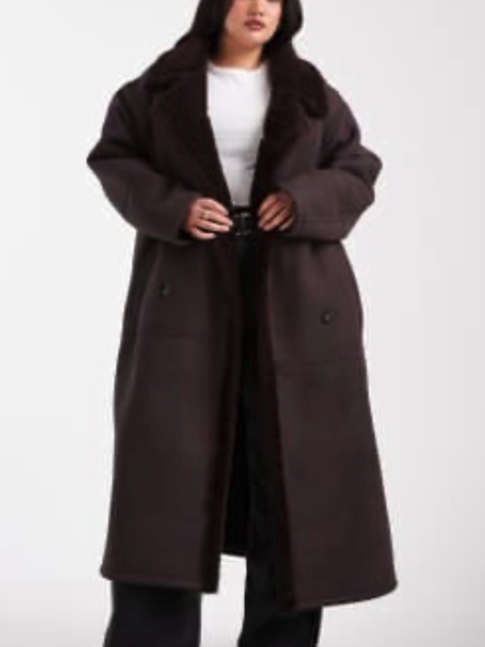 ASOS Curve Dark Brown Long Faux Shearling Trench Coat